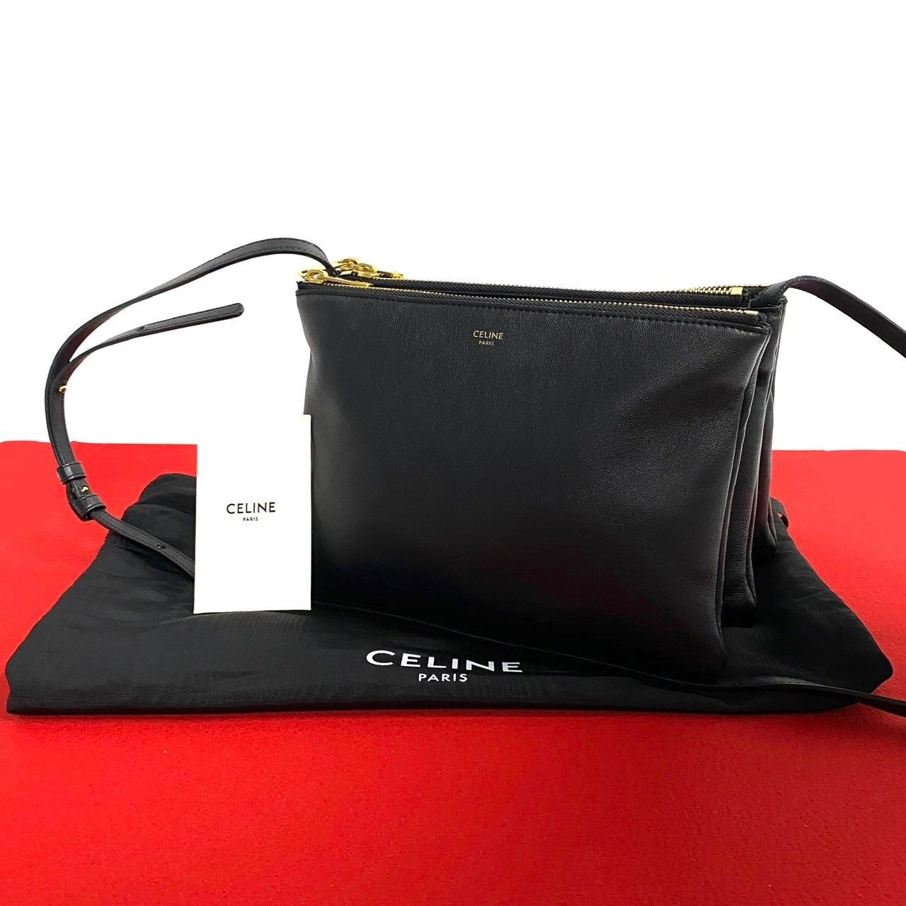 ほぼ未使用 希少品 袋付き CELINE セリーヌ トリオ レザー 本革 ミニ 