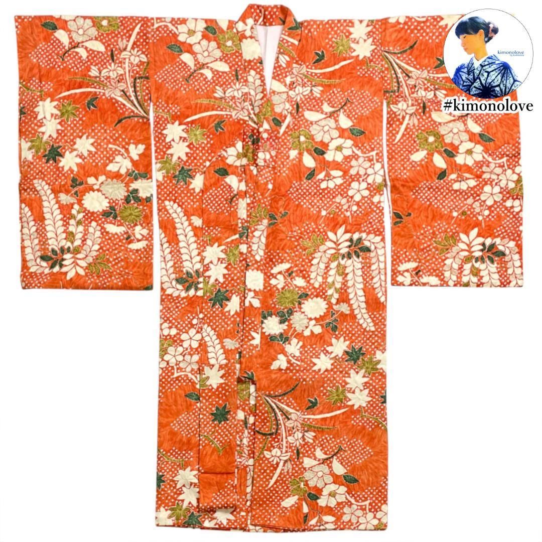 女児 着物 長襦袢 2点セット 正絹 絞り風 草花柄 ビンテージ着物 kimonolove リユース品 オゾン消臭サービス A-2443