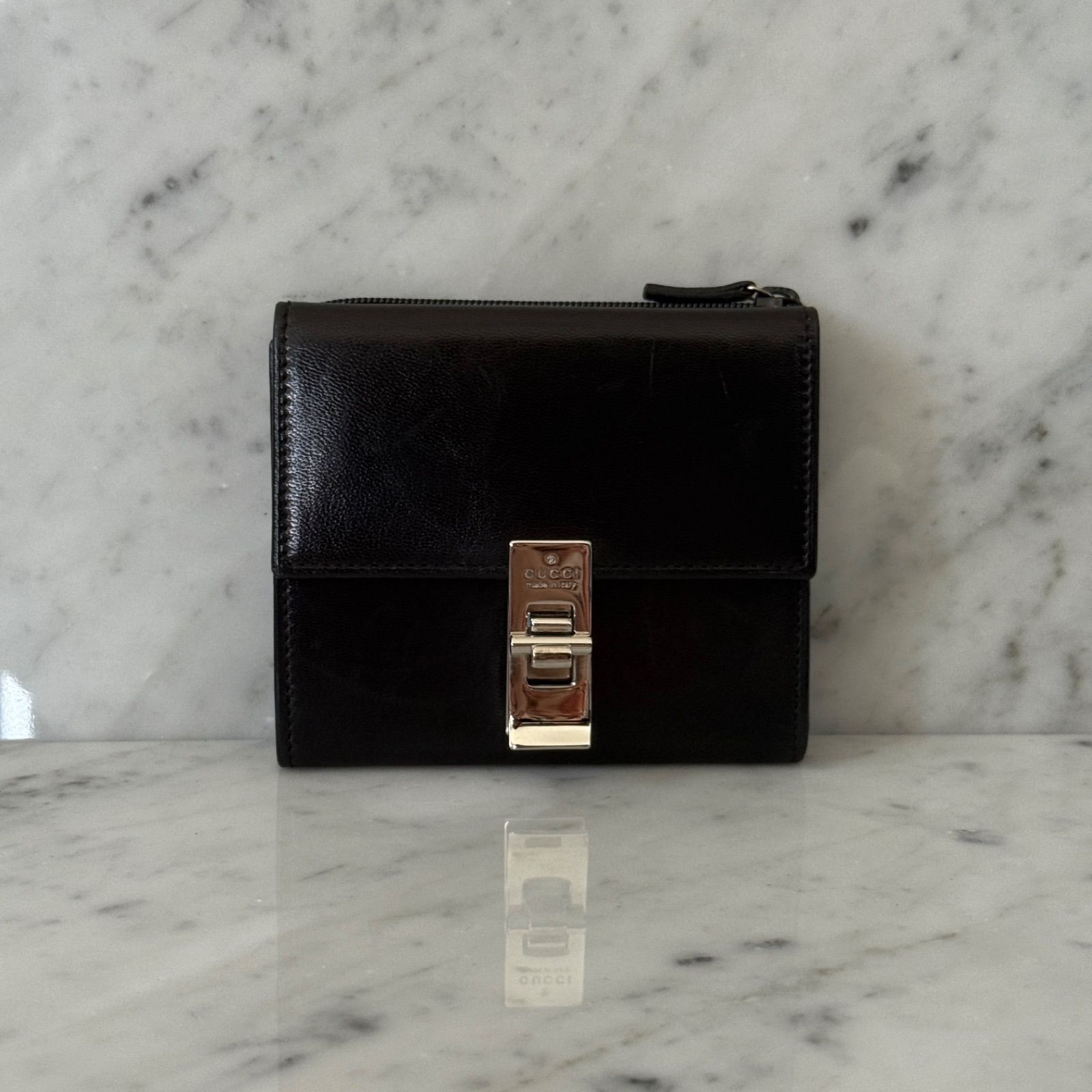 GUCCI グッチ 三つ折財布 ブラック シルバー 金具 本革 レザー コンパクト