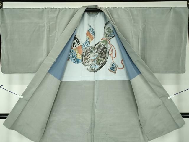 平和屋着物●上質な紬　アンサンブル　長羽織　涅色　正絹　逸品　DAAZ0742ps 平和屋着物○男性 紬 アンサンブル 長羽織 色無地 灰色 正絹 逸品