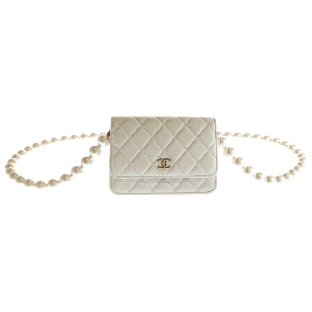CHANEL シャネル マトラッセ ココマーク カーフスキン レザー フェイクパール ショルダーウォレット バッグ ゴールド金具 ホワイト AP1839