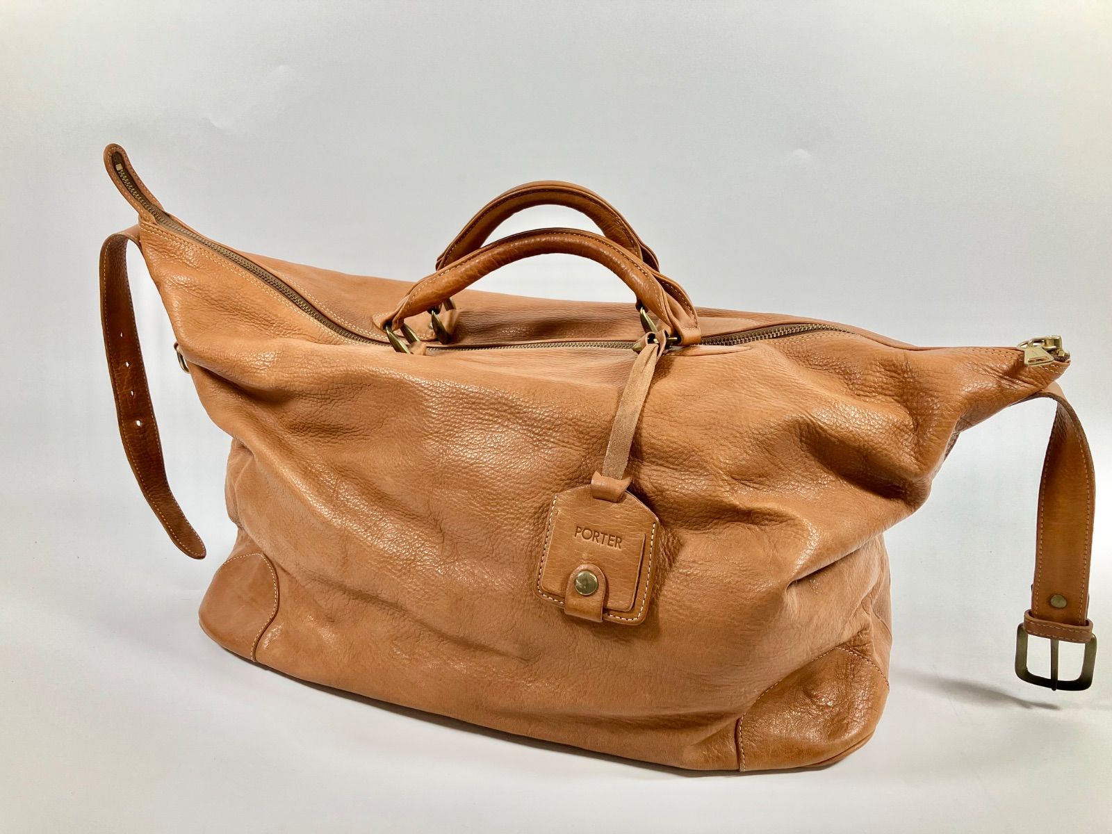 B-23 品 PORTER ポーター YKK ボストンバッグ ショルダーバッグ 2WAY バッグ 大容量 レザー 革 ネームタグ付 ブラウン ライトブラウン ユニセックス