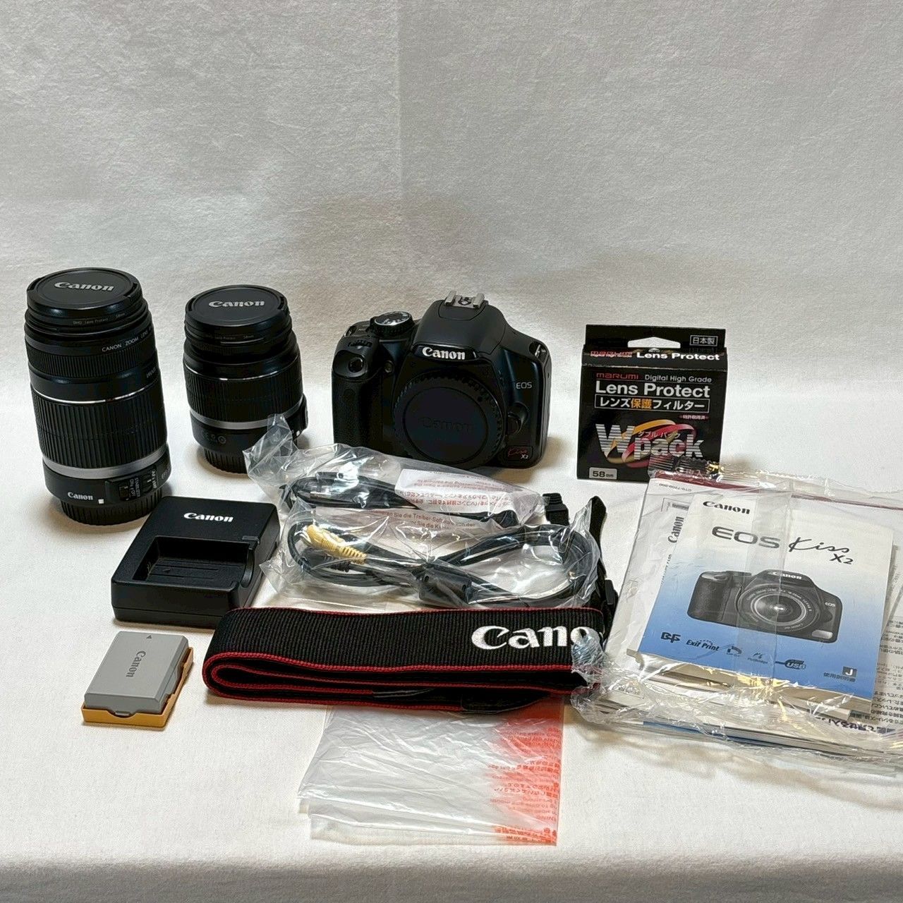 動作品 Canon|EOS|Kiss|X2|ダブルズームキット|18-55mm|55-250mm 動作 済み|付属品多数|No.901