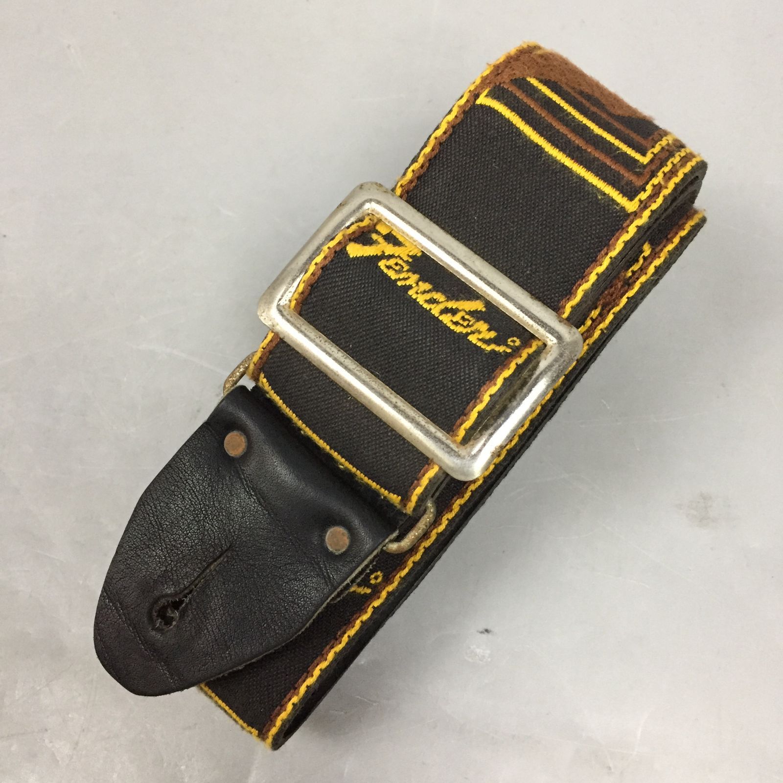 Fender Monogrammed Strap Black|Yellow 1970s 横ロゴ メタルバックル ブラックレザー f146