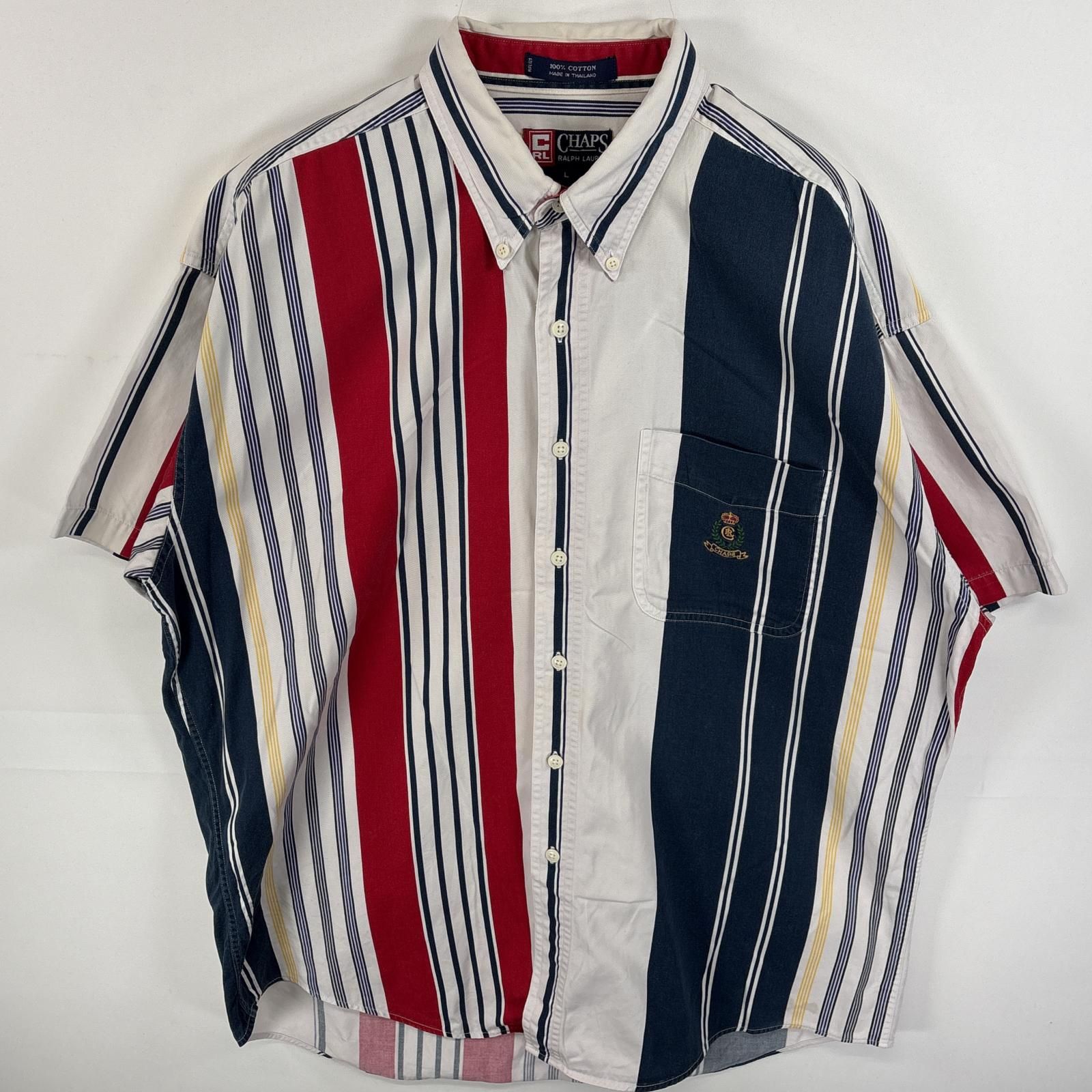 古着 チャップスラルフローレン CHAPS RALPHLAUREN 半袖シャツ ボタンダウンシャツ マルチストライプ ワンポイント ロゴ 刺繍 L  ホワイト系 マルチカラー メンズ