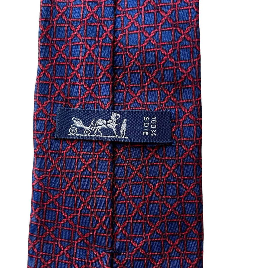 HERMES エルメス ネクタイ 赤 ワイン色 エンジ  紺 ネイビー 総柄