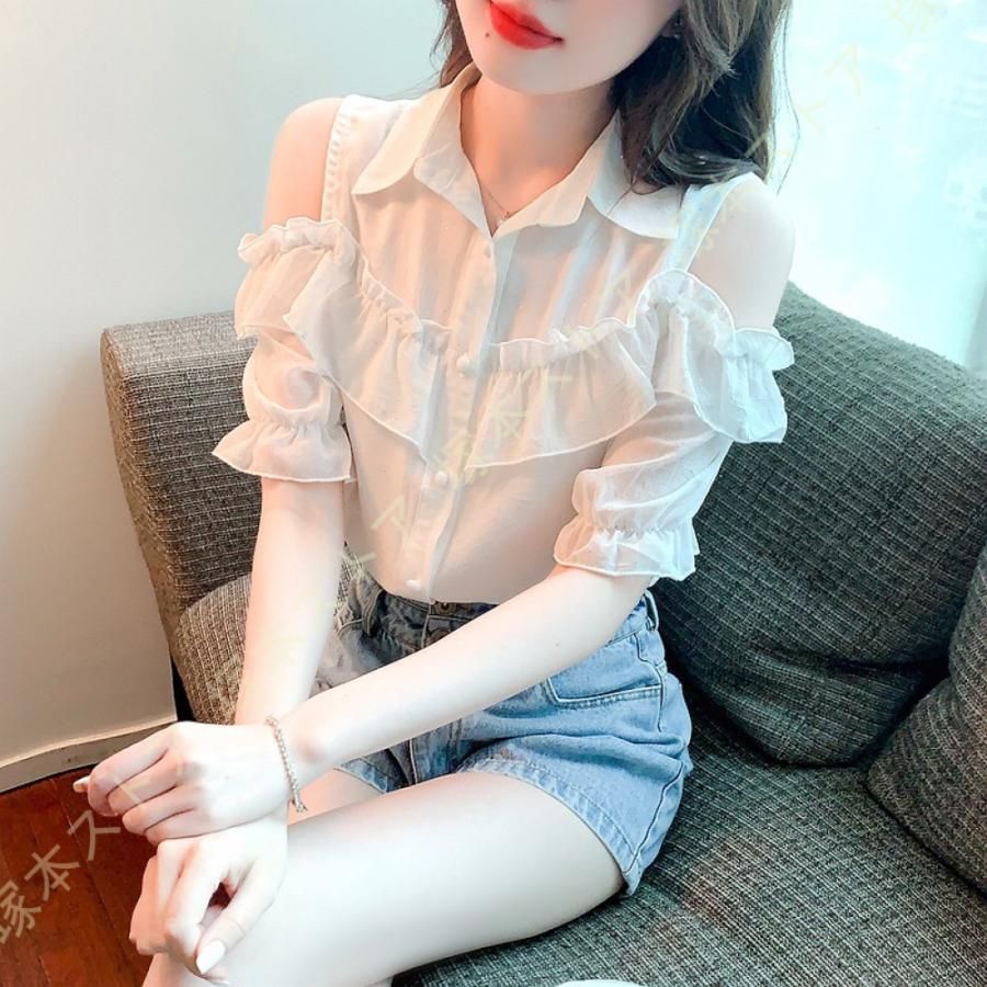 ブラウス レディース シフォン 肩出し トップス 半袖 シャツ 夏 カットソー ゆったり 着痩せ オフショルダー シフォンブラウス おしゃれ フリルシャツ シフォンブラウス レディース 花柄 半袖 肩あき 可愛い