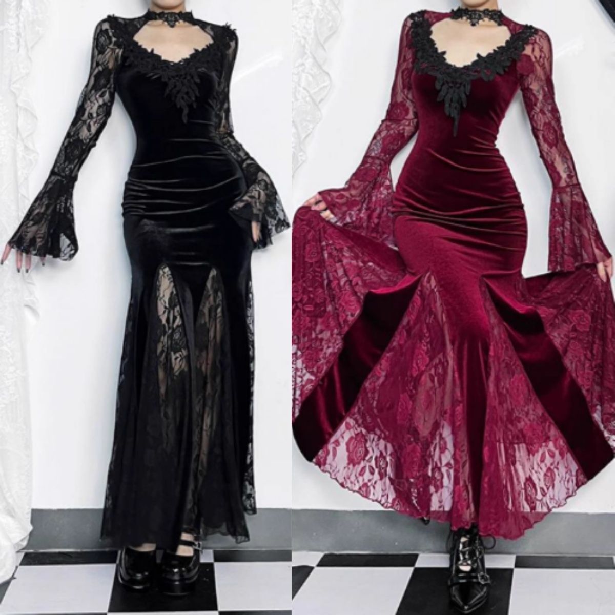ハロウィン ゴシック風 レースプリント フィッシュテールスカート ワンピース セクシー パーティーフォーマルドレス ヒップホールド ロングスカート 2色展開