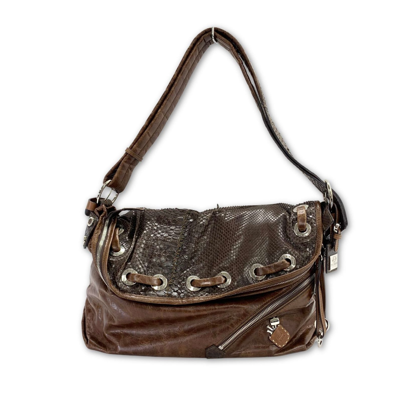pelle borsa ペレボルサ レザーショルダーバッグ パイソン ブラウン 大  