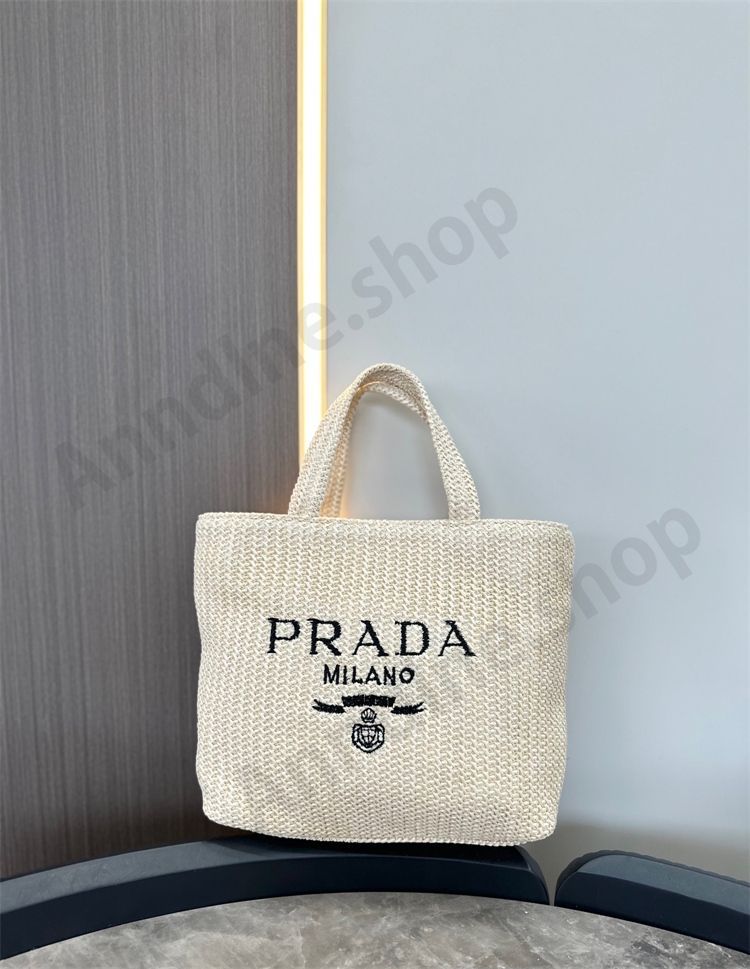 PRADA プラダ トートバッグ 草編み 刺繍ロゴ かごバッグ 手提げ 軽量 編みトートバッグ ショッピングバッグ 草編みバッグ 並行輸入品