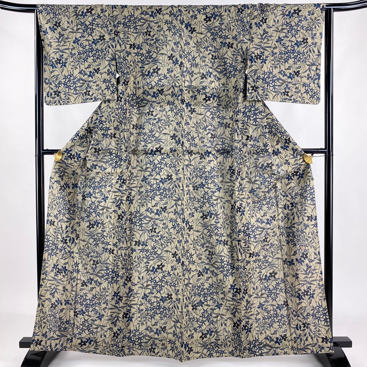 小紋 身丈164cm 裄丈65cm M 単衣 紬地 草花 茶緑色 正絹 名品