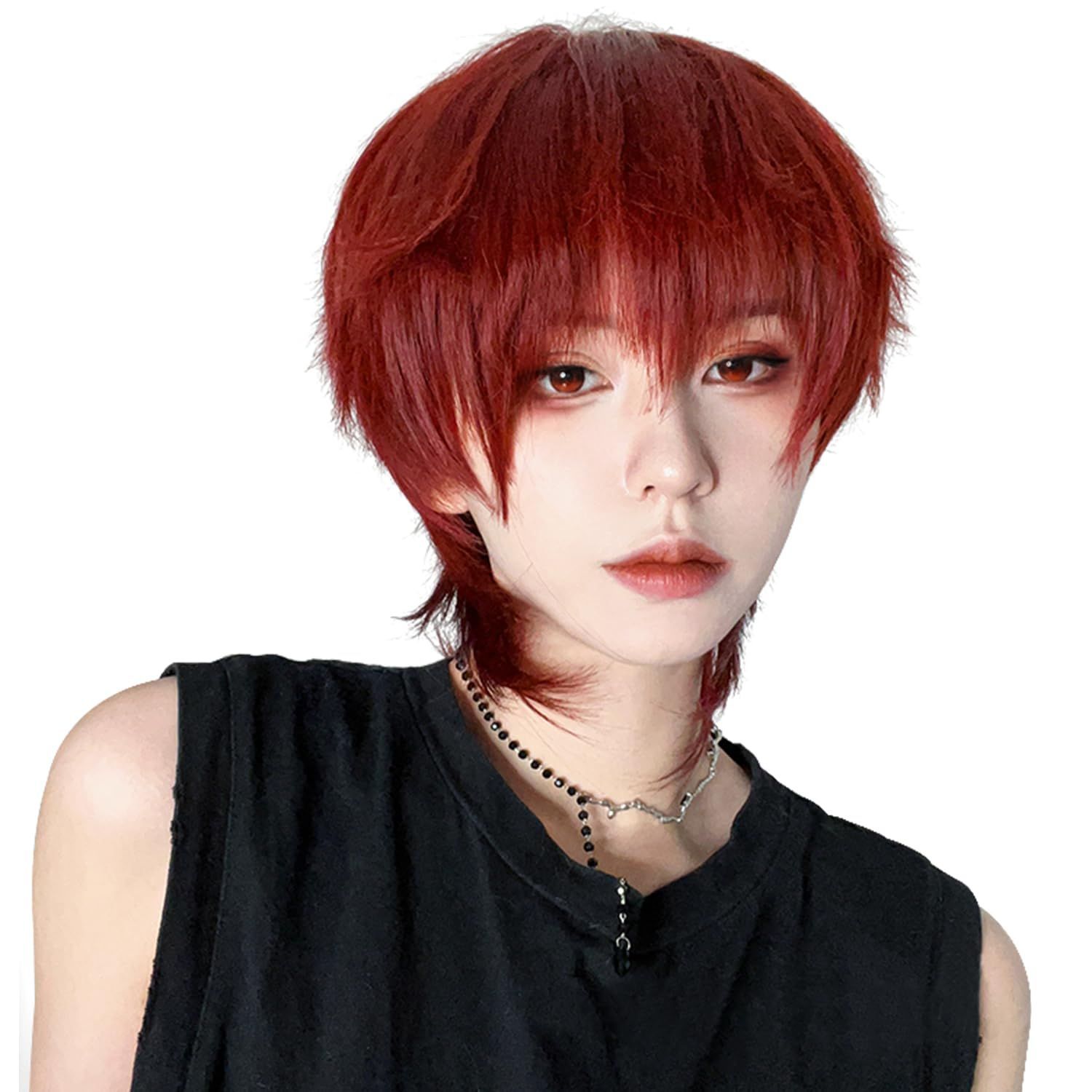 ファッション イケメン 人気 小顔 男女兼用 耐熱 フルウィッグ 韓国風 コスプレ 原宿 男装 イメチェン 自然 ボブ ウルフ 学生 ショート メンズ かつら 赤い ウィッグ Sofeiyan