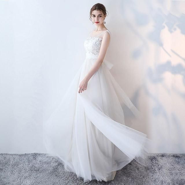★ウエディングドレス ロング丈 ノースリ イブニング 結婚式 演奏会ドレス 結婚式ドレス ノースリーブ ラウンドネック 個性的