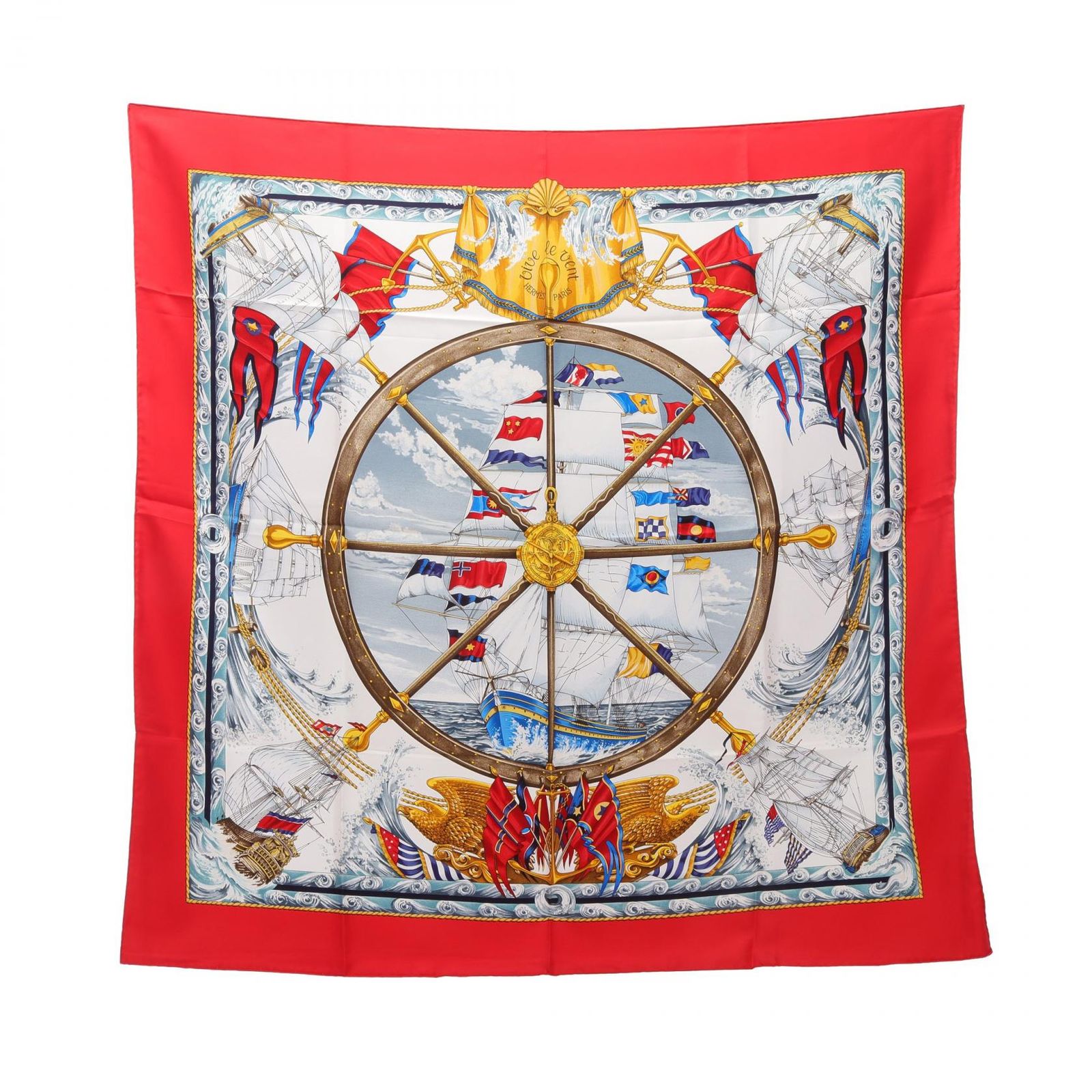 エルメス HERMES スカーフ カレ90 VIVE LE VENT レッドx船