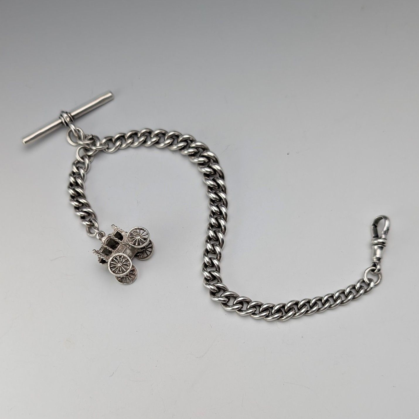 1891年 英国アンティーク 純銀製アルバートチェーン 39g 馬車型フォブ