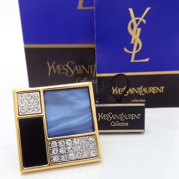 YvesSaintLaurent ブローチ YSL スクエア ラインストーン 青 黒 GP 