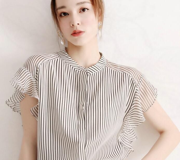 シフォン ストライプ シャツ レディース ブラウス 夏 半袖ブラウス オフィス シャツブラウス レディース おしゃれ 袖口フリル 切り替え シフォン ストライプ シャツ レディース ブラウス 夏 半袖