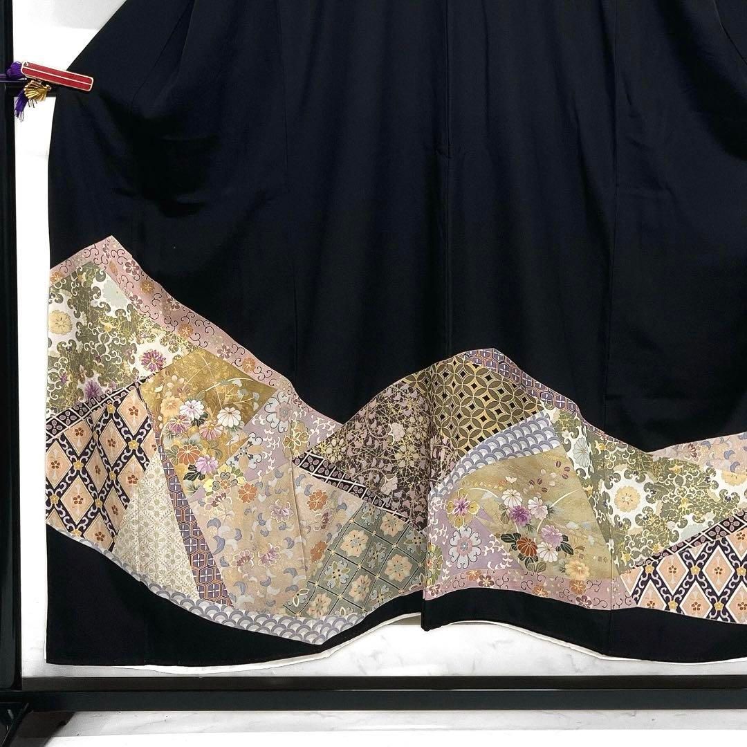 じゅらく 黒留袖 帝王紫 金駒刺繍 裂取り 伝統和模様 花 着物 041a