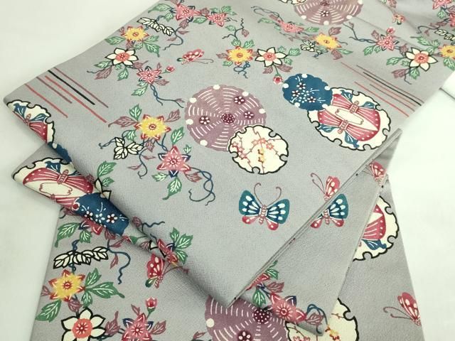 平和屋着物■極上　本場琉球紅型　平野晋二郎　九寸開き名古屋帯　雪輪花蝶文　薄鼠色地　金通し地　逸品　DZAA7749kh5 平和屋着物□極上 本場琉球紅型 平野晋二郎 九寸開き名古屋帯 雪輪花蝶