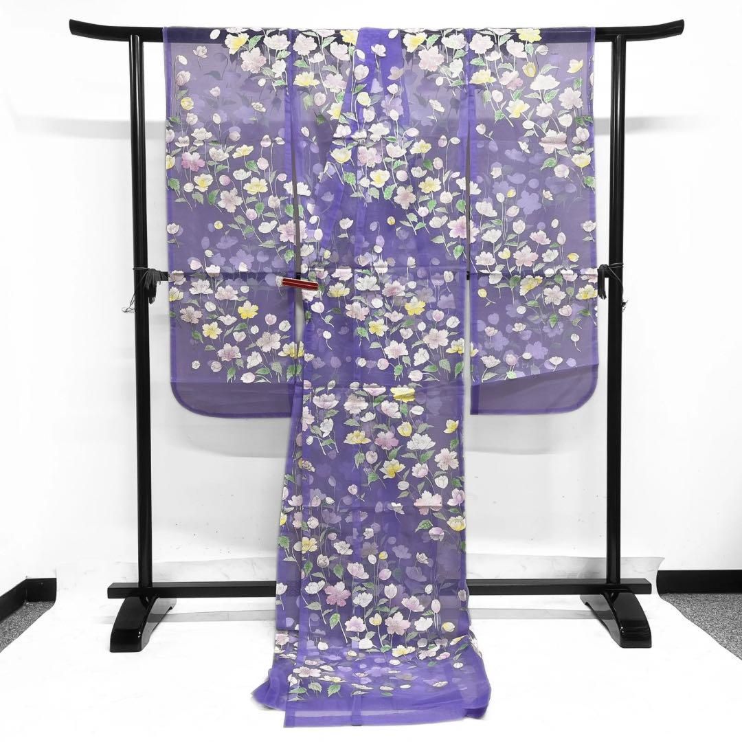 色打掛 オーガンジー 銀彩 桜 花模様 パープル ラメ 着物 042a d 