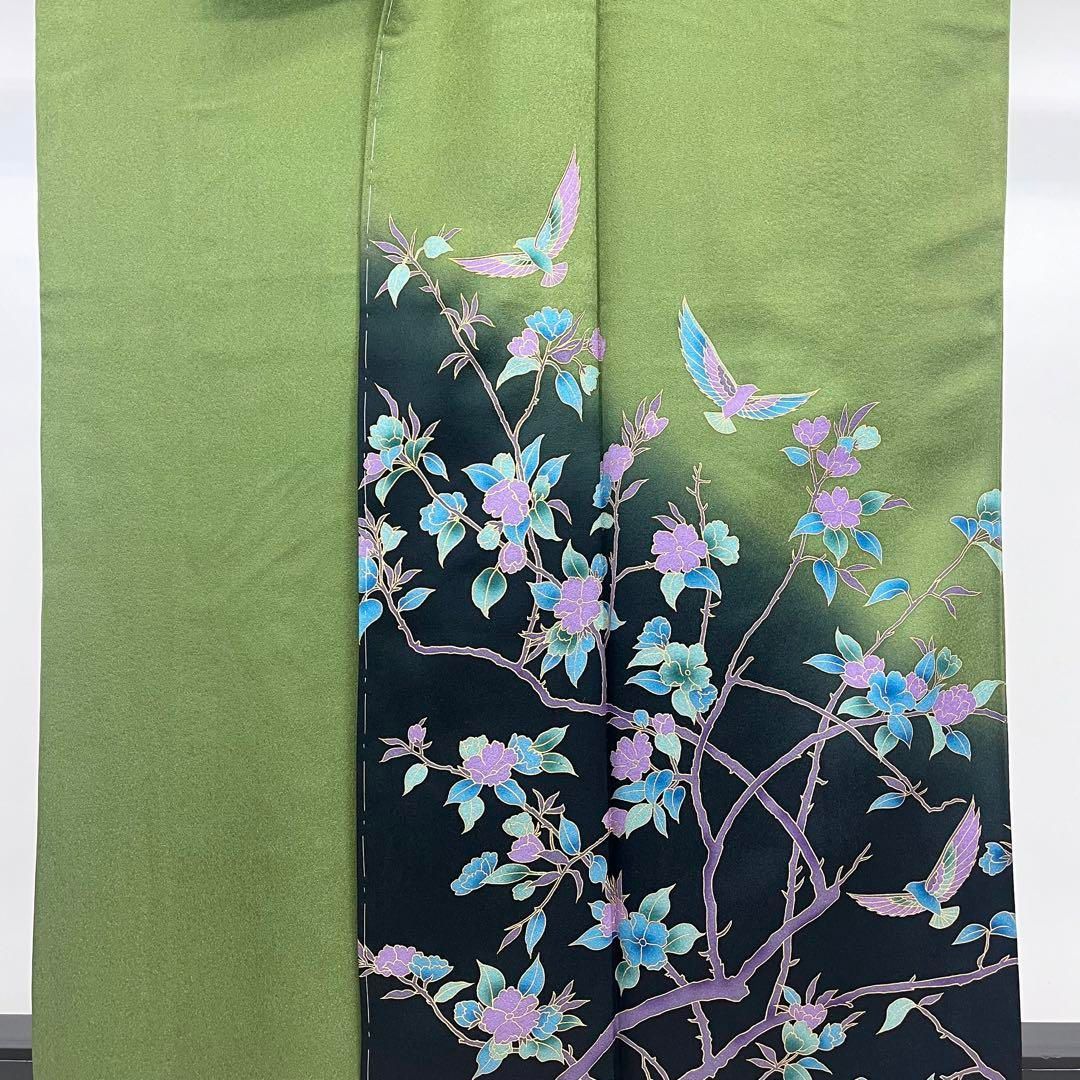 付下げ 斉藤三才 三才鳥 花模様 暈し染 仏手柑色 ガード加工 K-3846 