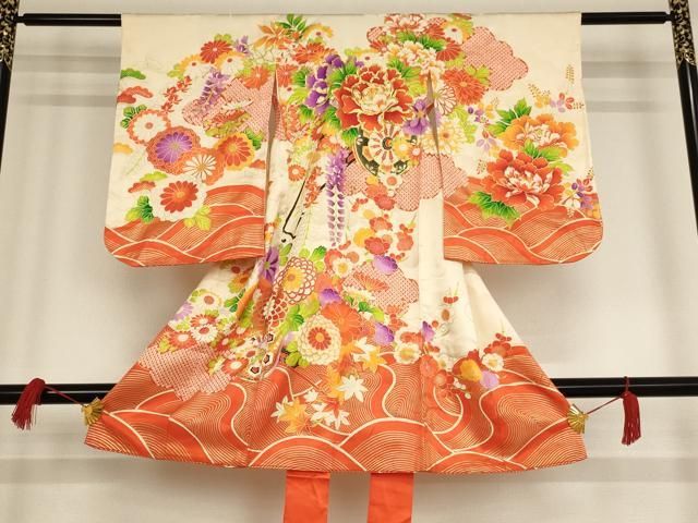 平和屋着物[]七五三 女の子 7歳 祝着 四つ身 袋帯セット 駒刺繍