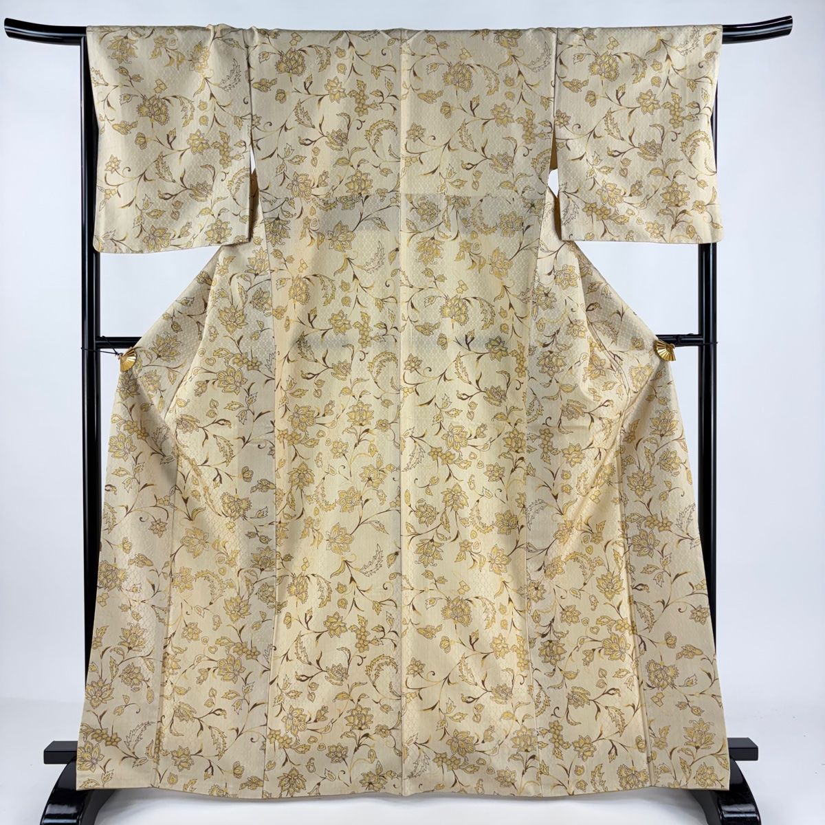 小紋 身丈167.5cm 裄丈67cm M 袷 草花 縦縞 金彩 茶緑色 正絹 優品 【