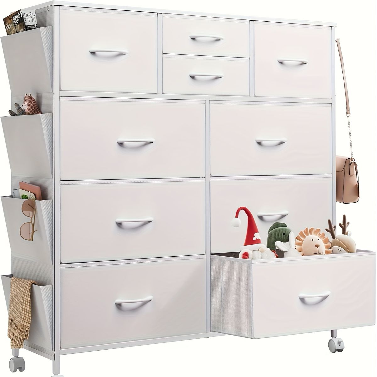 大容量10カップ ファブリックチェスト 4段 ブラック 車輪付き サイドポケット付 木製フレーム 北欧風 シンプル リビング収納 衣類収納 スタイリッシュ ホワイト