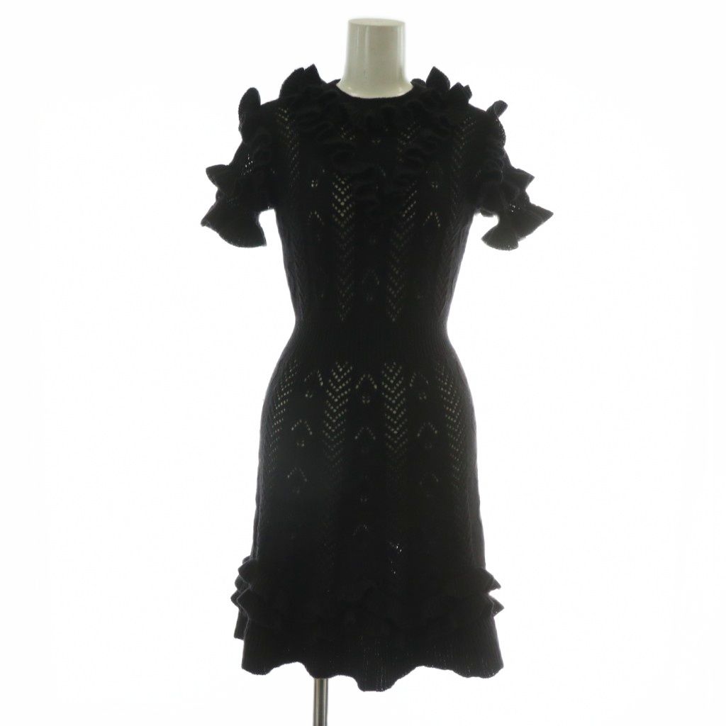 グッチ GUCCI ワンピース ニット ウール 半袖 ひざ丈 メッシュ フリル XS 黒 ブラック XZ GY17