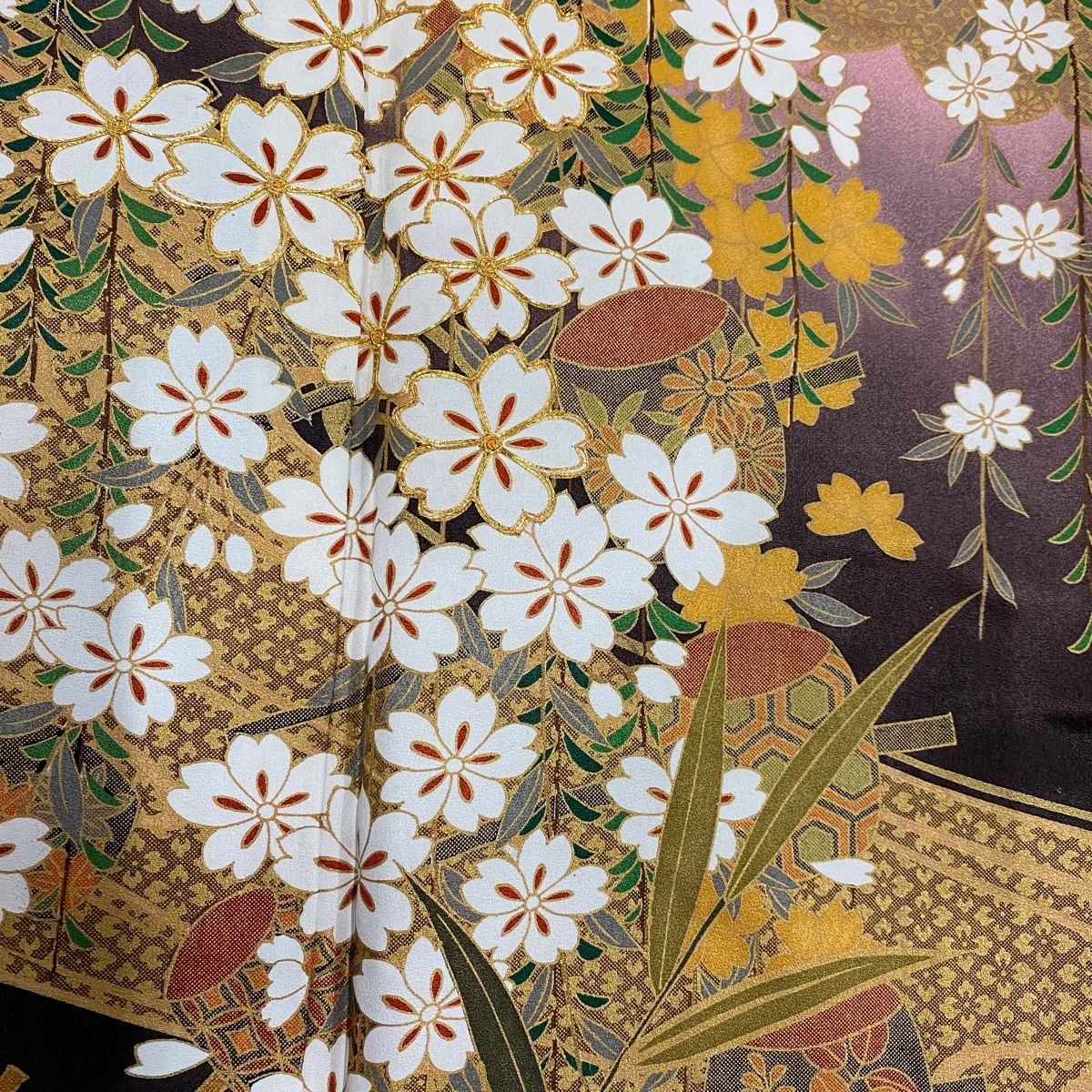 振袖 身丈150.5cm 裄丈62.5cm S 袷 枝垂れ桜 土車 金糸 金彩