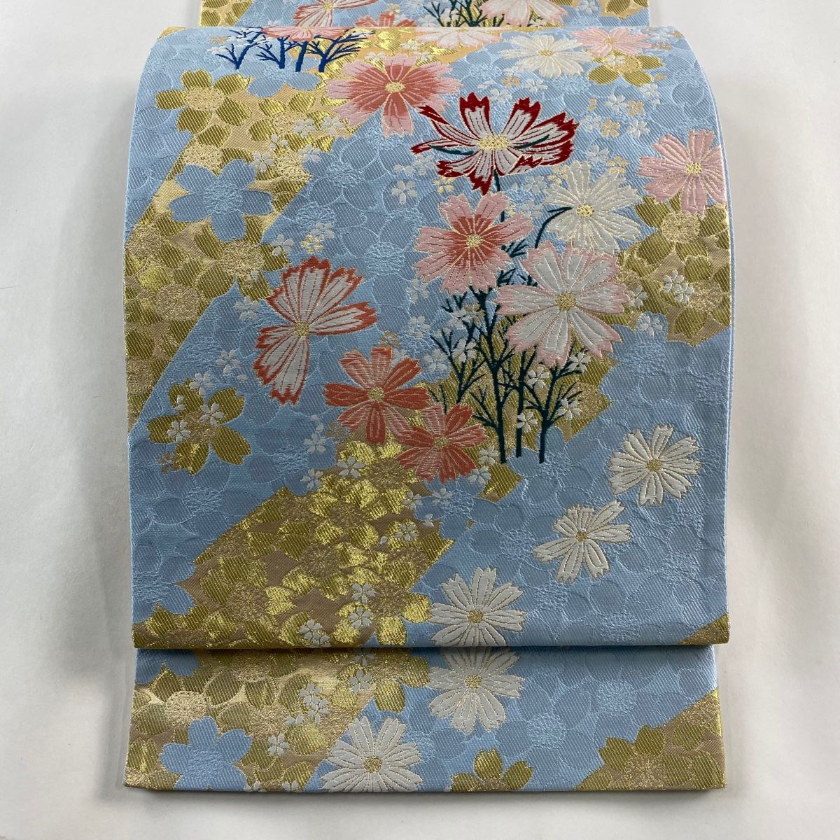 袋帯 美品 秀品 草花 桜 刺繍 金糸 水色 六通 正絹 【中古