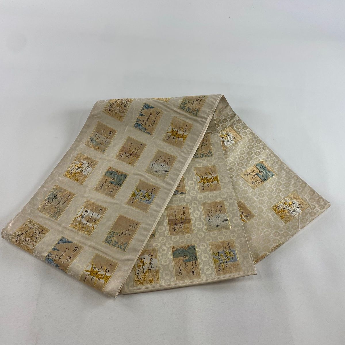 袋帯 美品 秀品 かるた 金銀糸 箔 金色 六通 正絹 【中古