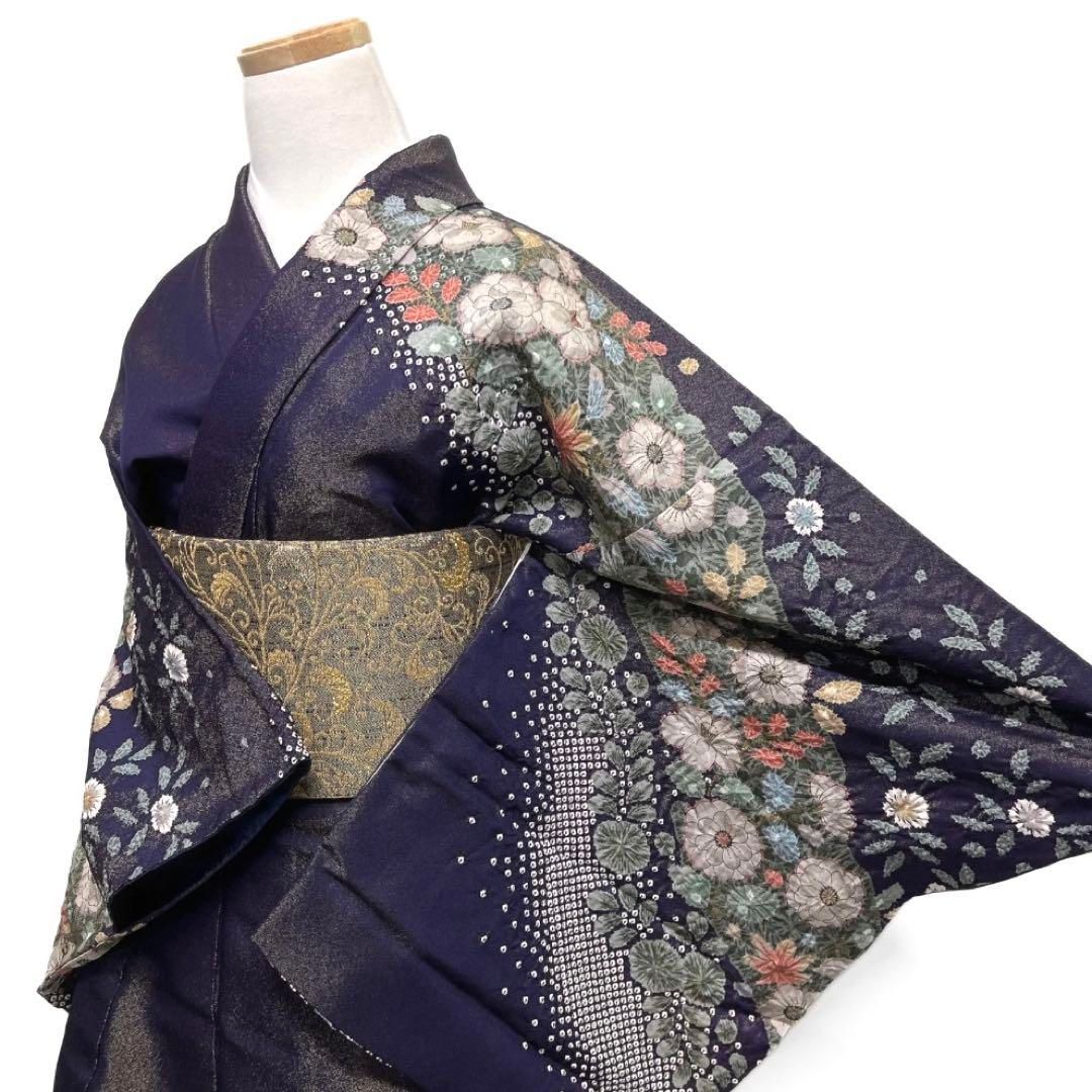 訪問着辻ヶ花金通し紋無し絞り金彩鹿の子楓椿着物053a d