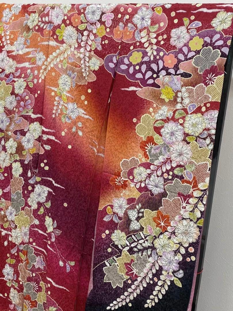 振袖 仮絵羽 銀通し 絞り 辻が花 紋意匠 正絹 未仕立て品 八掛付き