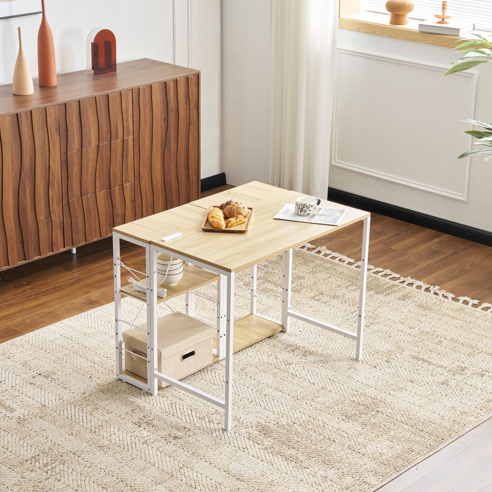 ナチュラル】一体分離多用型パソコンデスク パソコンデスク ラック付き