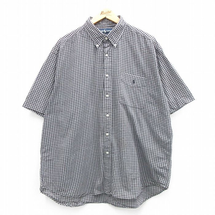 XL/古着 ラルフローレン 半袖 ブランド シャツ メンズ 90s ワンポイントロゴ BLAIRE 大きいサイズ コットン ボタンダウン 黒 ブラック チェ