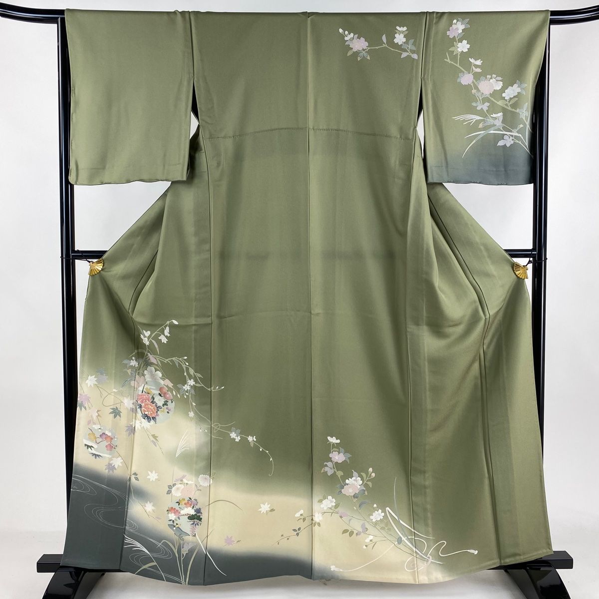 訪問着 身丈162cm 裄丈66cm M 単衣 雪輪 草花 ぼかし 抹茶色 正絹 秀品