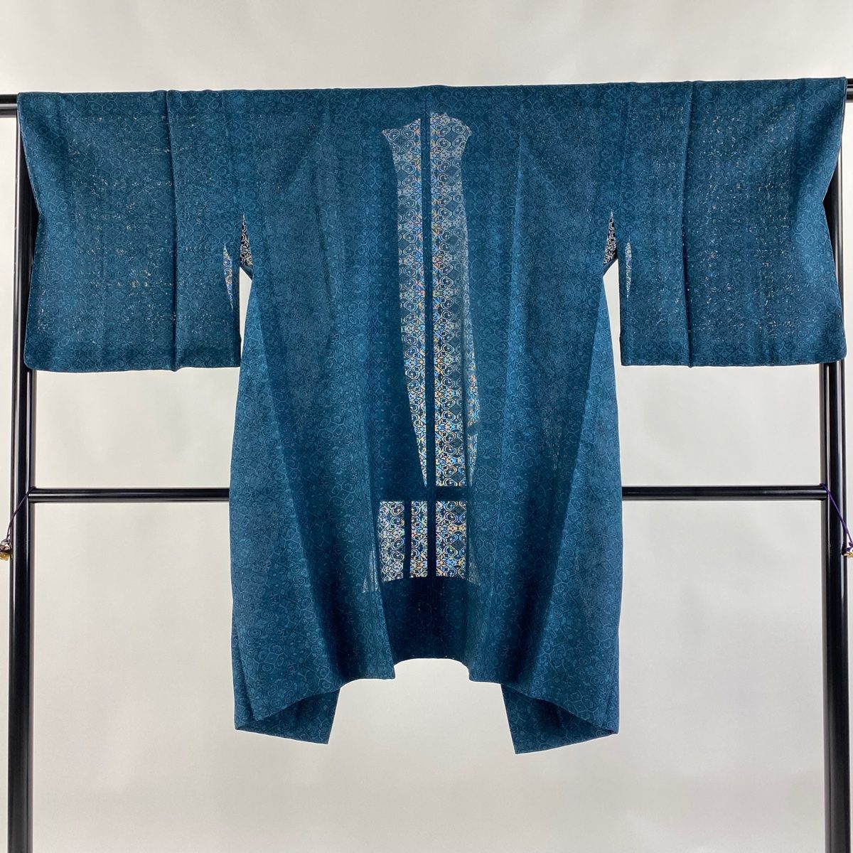 道中着 身丈98cm 裄丈65.5cm M 和装コート 着物衿 花 幾何学 青緑 正絹