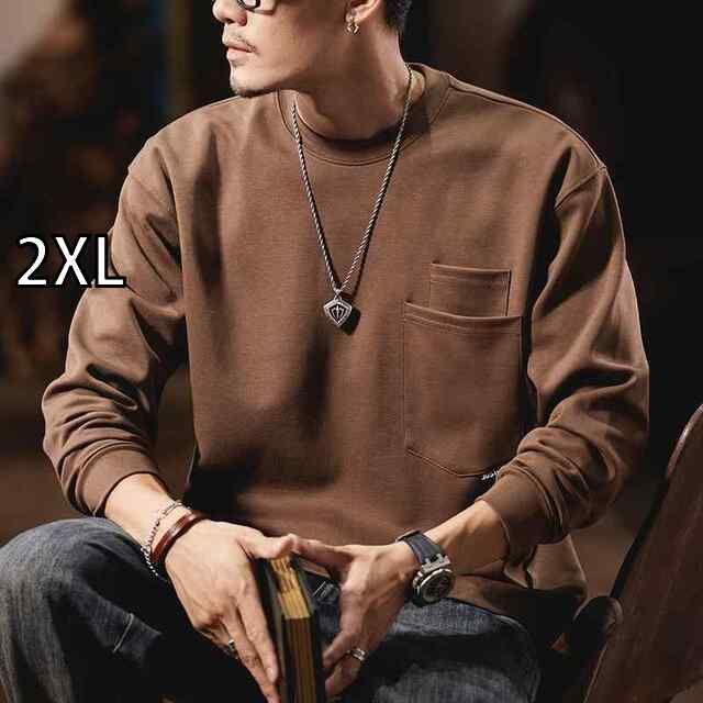 [2XL ]メンズ ファッション 服  オシャレ シンプル 大人 かっこいい 大きいサイズ ストリート 紳士服  アメリカン レトロ 長袖 T シャツ 秋 ラウンドネック 服 ポケット
