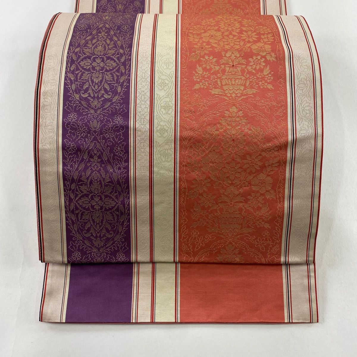 袋名古屋帯 秀品 証紙 博多織 草花 縞 クリーム 正絹