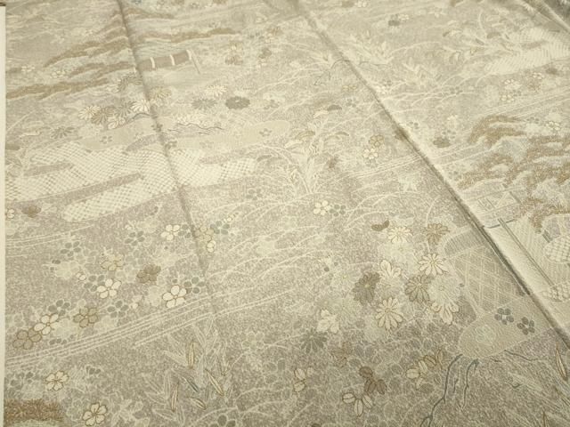 平和屋着物□上質な小紋 風景花文 金彩 鬼しぼ縮緬 正絹 逸品
