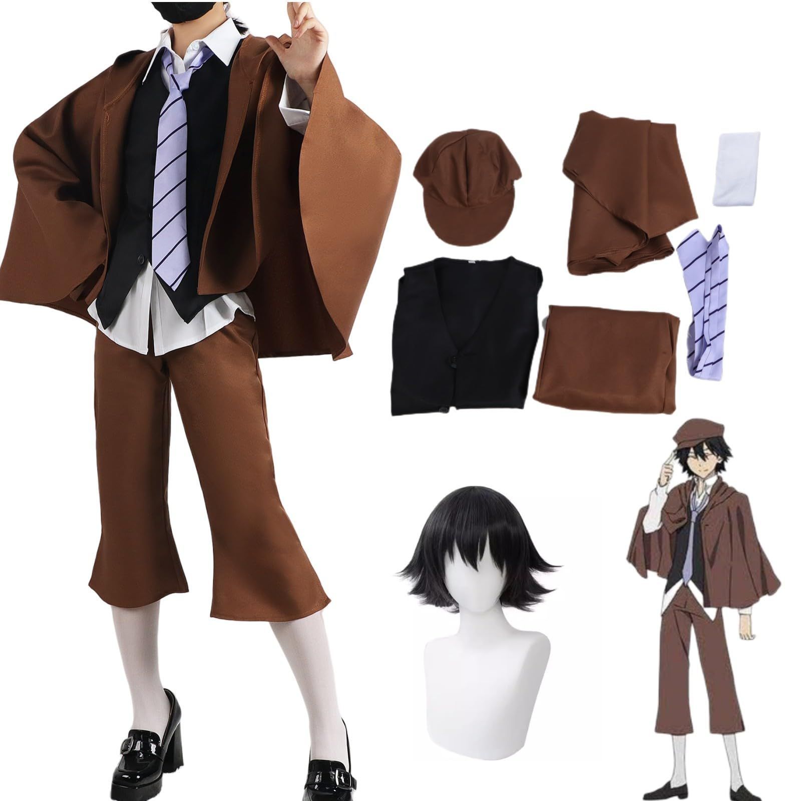 Color 衣装セット ウィッグ_Size XL 文豪ストレイドッグス 江戸川乱歩 えどがわらんぽ コスプレ衣装 セット 帽子 マント付き ウィッグ靴追加 武装探偵社 変装 仮装 コスチューム 人気アニメ 変装 仮装 文化祭 学園祭 イベント 撮影 パーティー