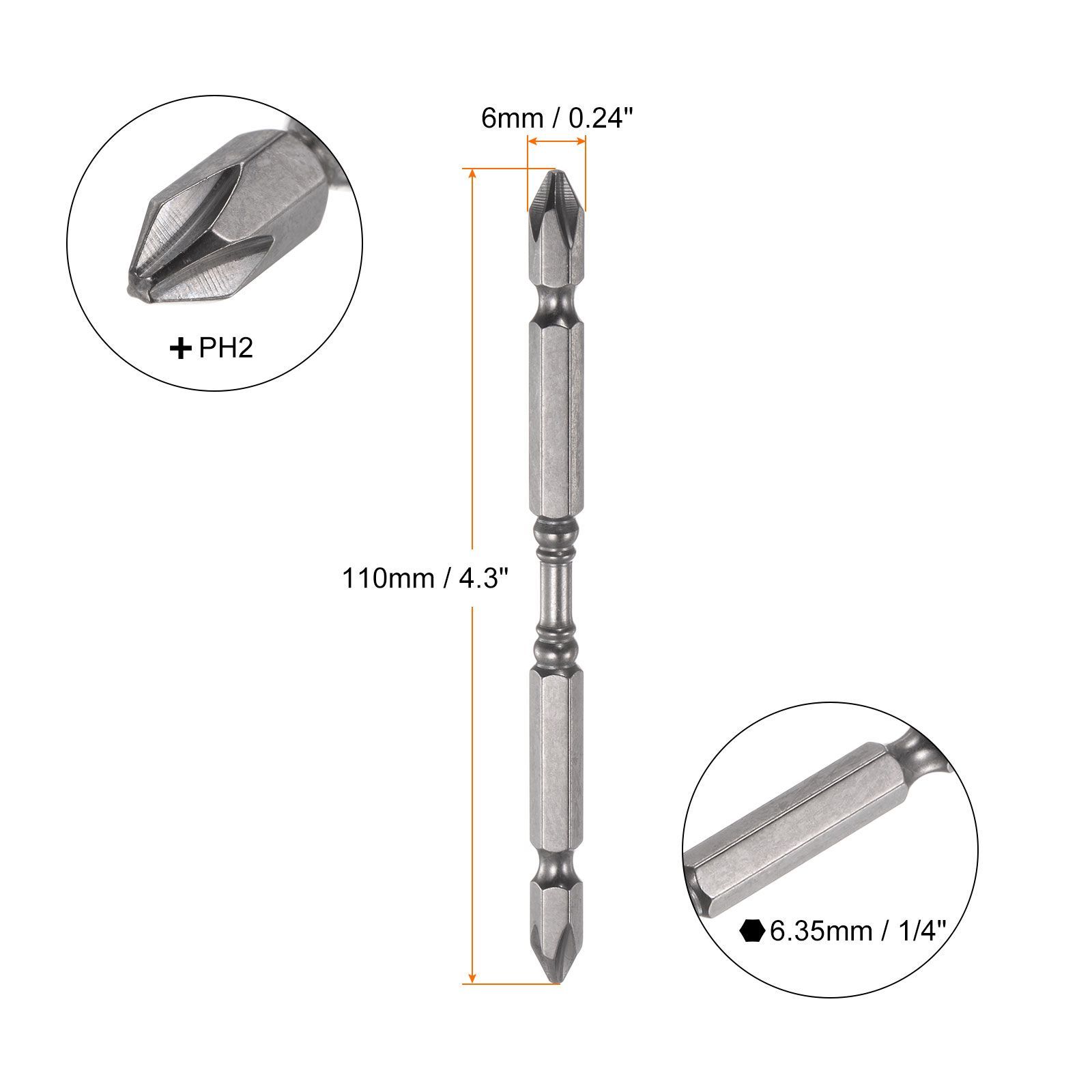 uxcell プラスドライバービット 両頭 6 mm PH2 磁気クロスヘッド 6.35 mm六角シャンク 110 mm長さ インパクト電動ドライバー電動工具用 5個