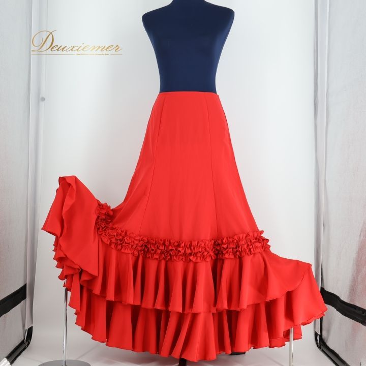 フラメンコ 衣装 ファルダ レッド系 スカート ボランテ 赤 華やか 無地 フリル 上品 鮮やか ダンス衣装 シンプル 発表会 レッスン かわいい