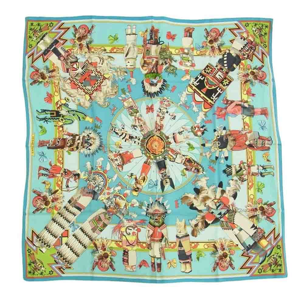 美品 HERMES カレ 90 カチナ kachinas インディアン ネイビー HERMES