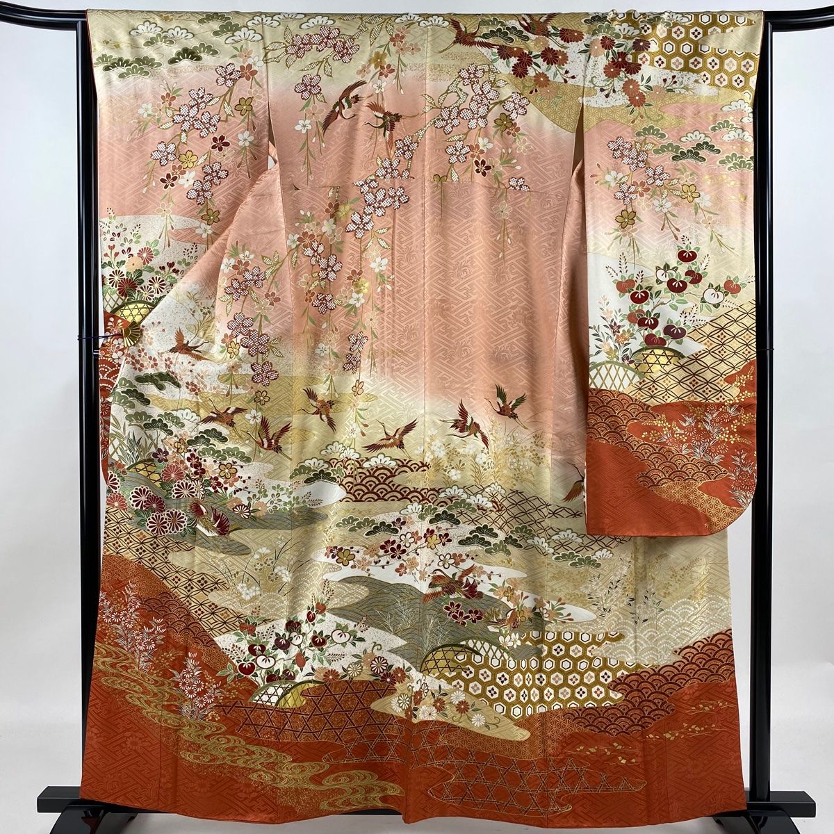 振袖 身丈160cm 裄丈64.5cm M 袷 鴛鴦 草花 金彩 ぼかし ピンク 正絹  