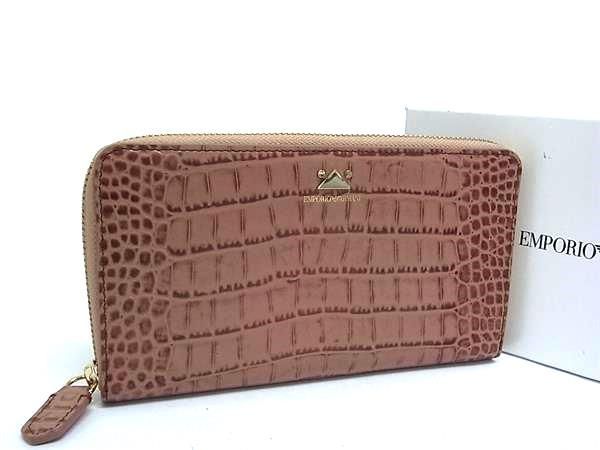EMPORIO ARMANI エンポリオアルマーニ クロコダイル型押しレザー ラウンドファスナー 長財布 メンズ ブラウン系 BM8964