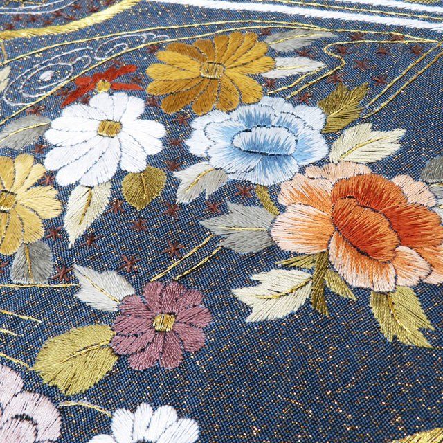 袋帯 中古 汕頭刺繍 スワトウ 中国三大刺繍 花模様 金通し 六通