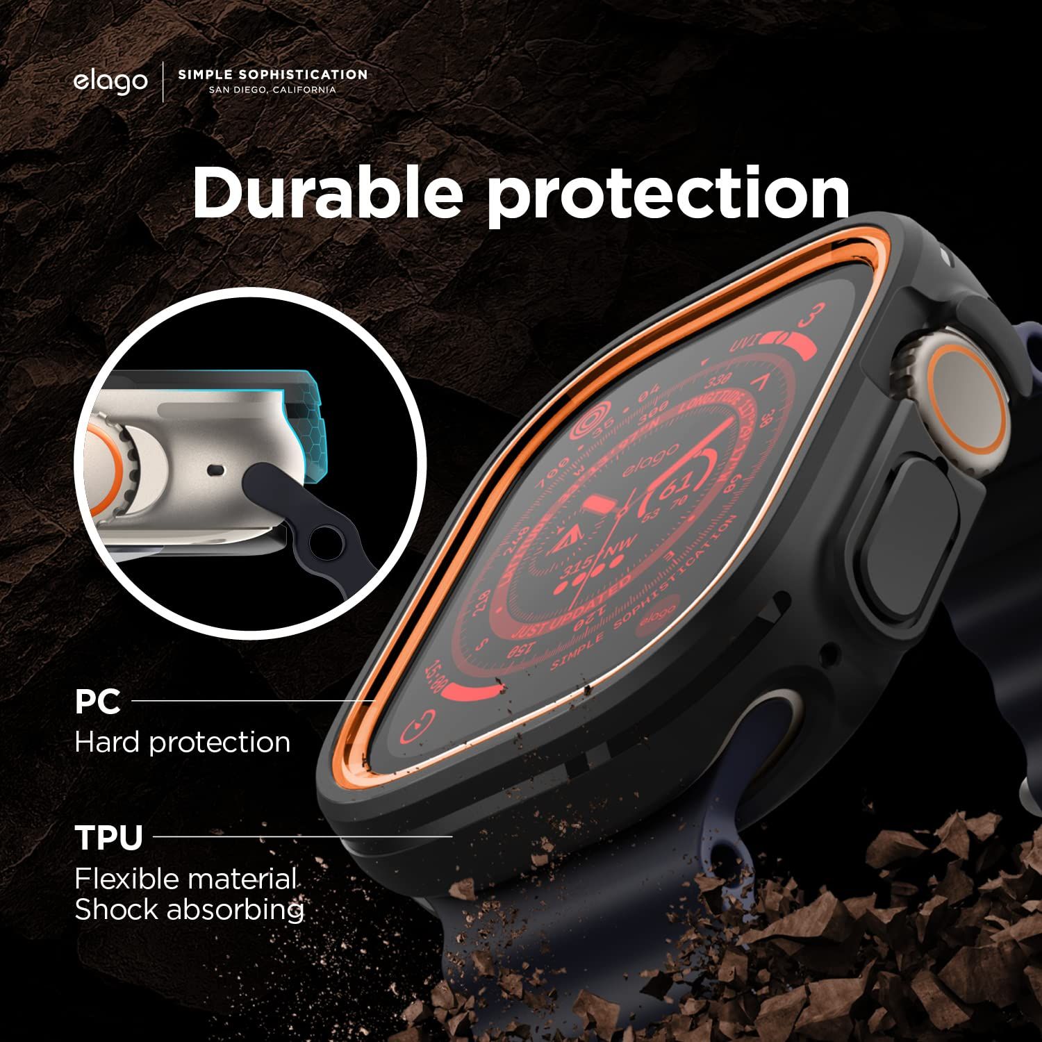 【elago】 Apple Watch Ultra 49mm 対応 ケース フレーム 2色 入り TPU ポリカーボネート 耐衝撃 傷防止 保護ケース シンプル 保護カバー [ Apple AppleWatchUltra AppleWa [ブラック/オレンジ]
