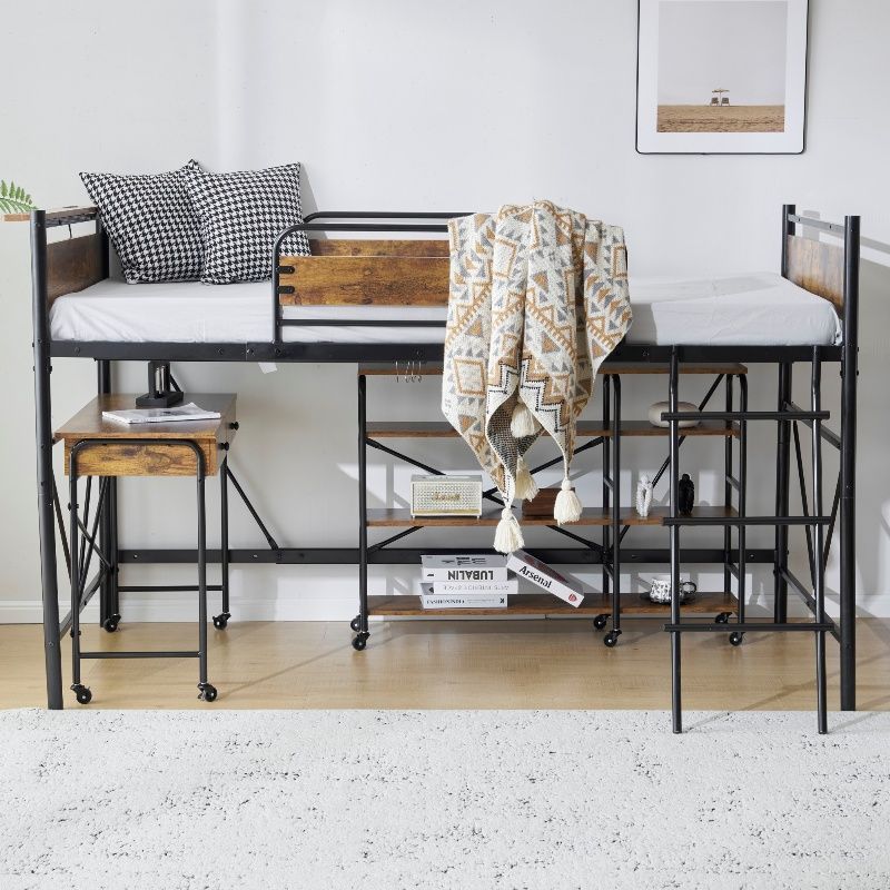 【新作】【ブラック】ロフトベッド パイプベッド シングル ベッド デスク付 Amazon｜ロフトベッド パイプベッド シングル ロフト机付き